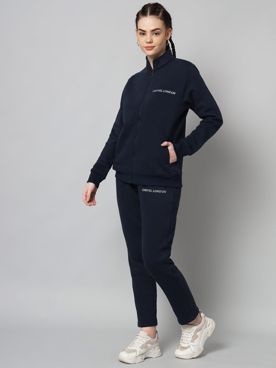 Griffel Women Solid Fleece Zipper Neck Sweatshirt and Joggers Full set Navy Tracksuit - griffel