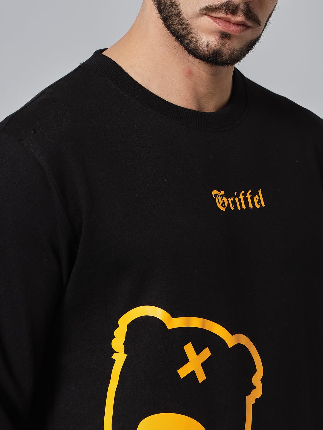 Griffel Men's Cotton Fleece Round Neck Black Sweatshirt with Full Sleeve and Teddy Logo Print - griffel