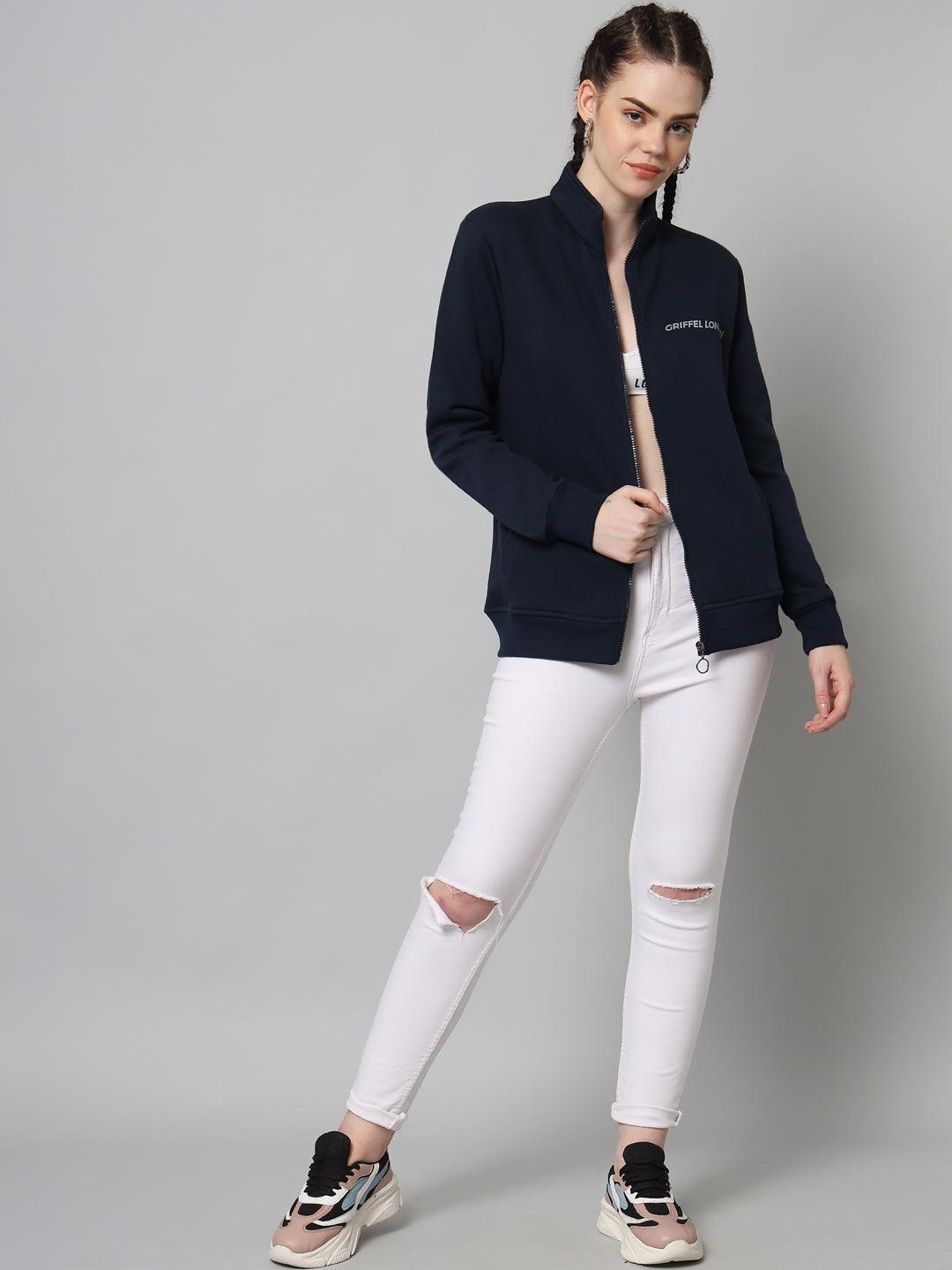 Griffel Women’s Cotton Fleece Full Sleeve Navy Zipper Sweatshirt - griffel