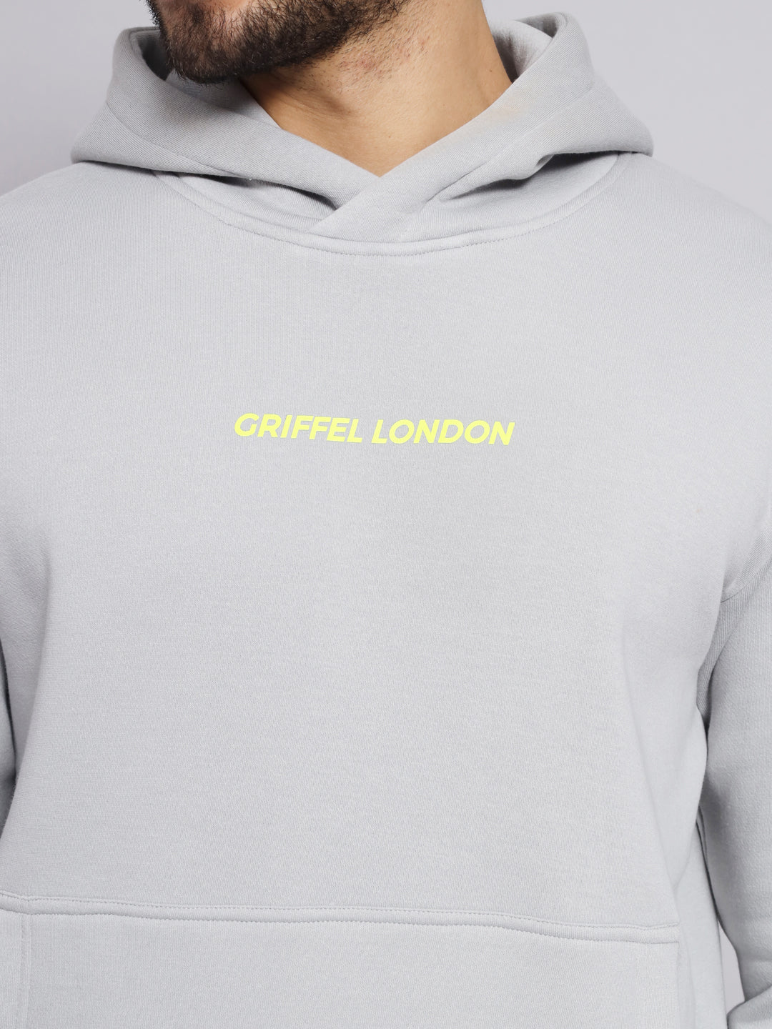 Griffel Men's Steel Grey Cotton Front Logo Fleece Hoody Sweatshirt with Full Sleeve - griffel