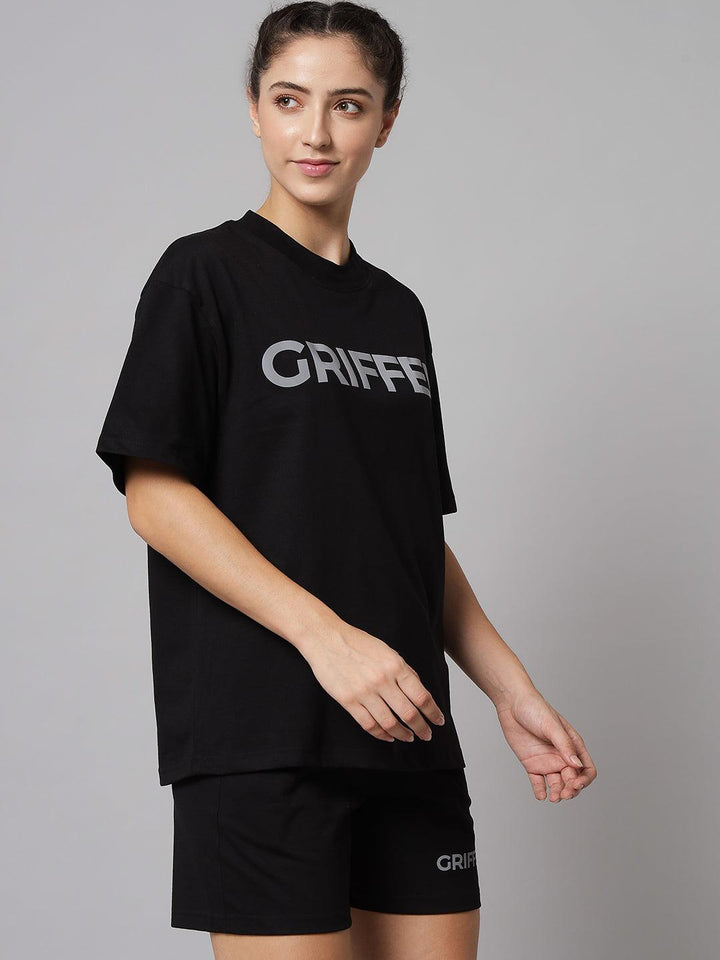 GRIFFEL Women Black Printed Oversized Loose fit T-shirt and Short Set - griffel