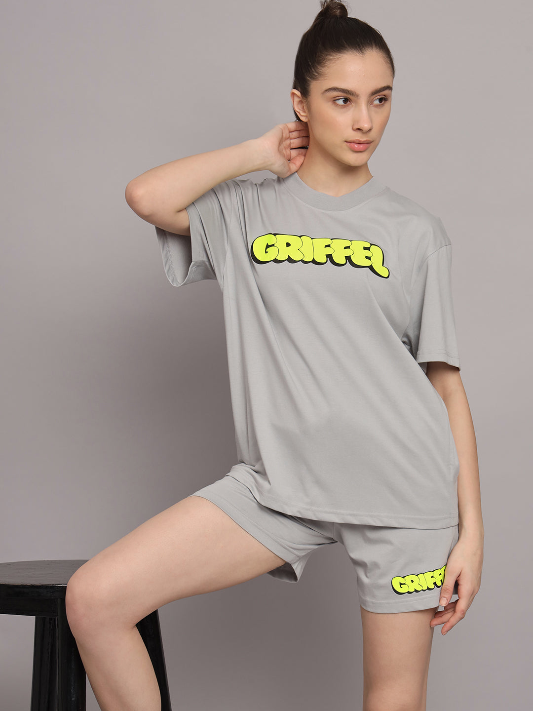 GRIFFEL Women Printed Oversized Loose fit Steel Grey T-shirt and Short Set - griffel