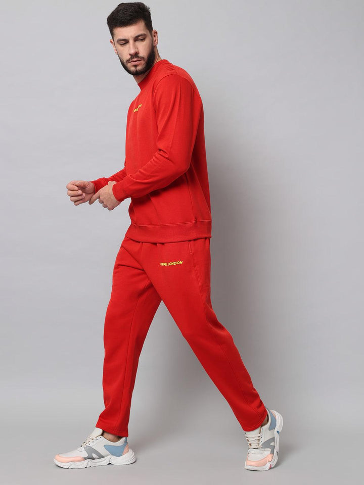 Griffel Men's Front Logo Solid Fleece Basic R-Neck Sweatshirt and Joggers Full set Red Tracksuit - griffel