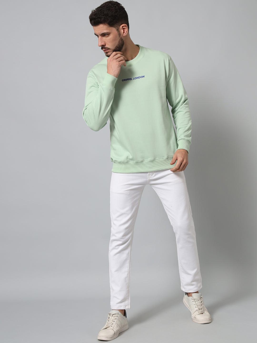Griffel Men's Cotton Fleece Round Neck Sea Green Sweatshirt with Full Sleeve and Front Logo Print - griffel