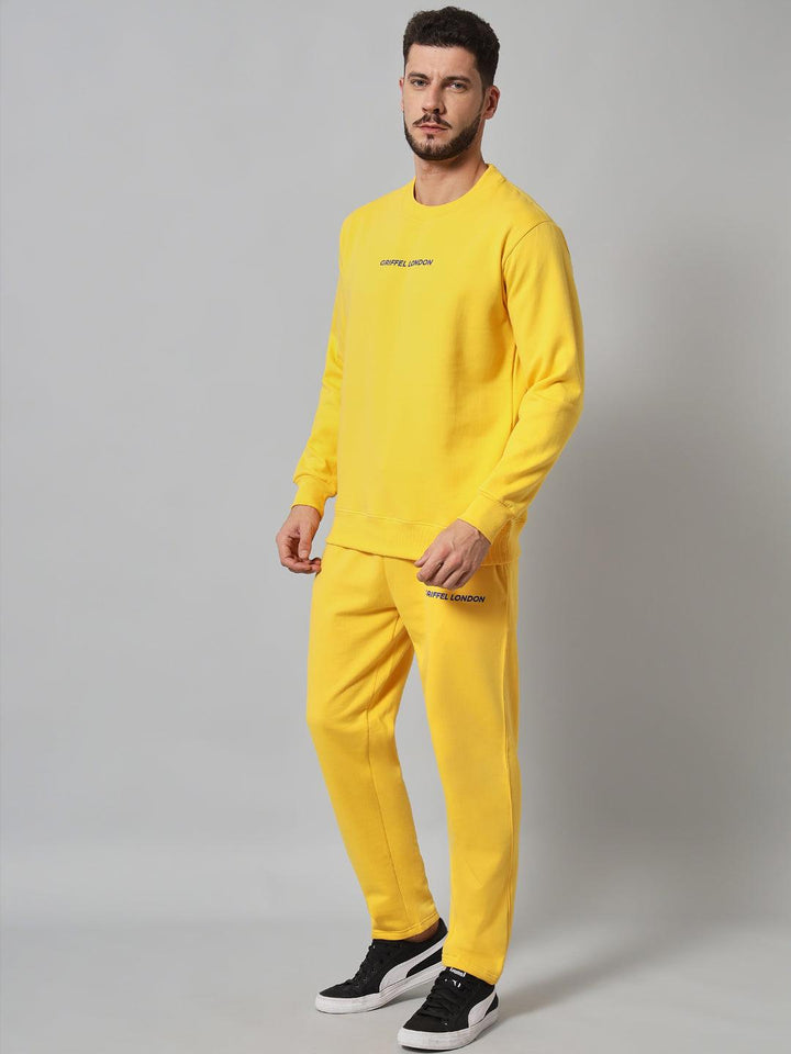 Griffel Men's Front Logo Solid Fleece Basic R-Neck and Joggers Full set Yellow Tracksuit - griffel