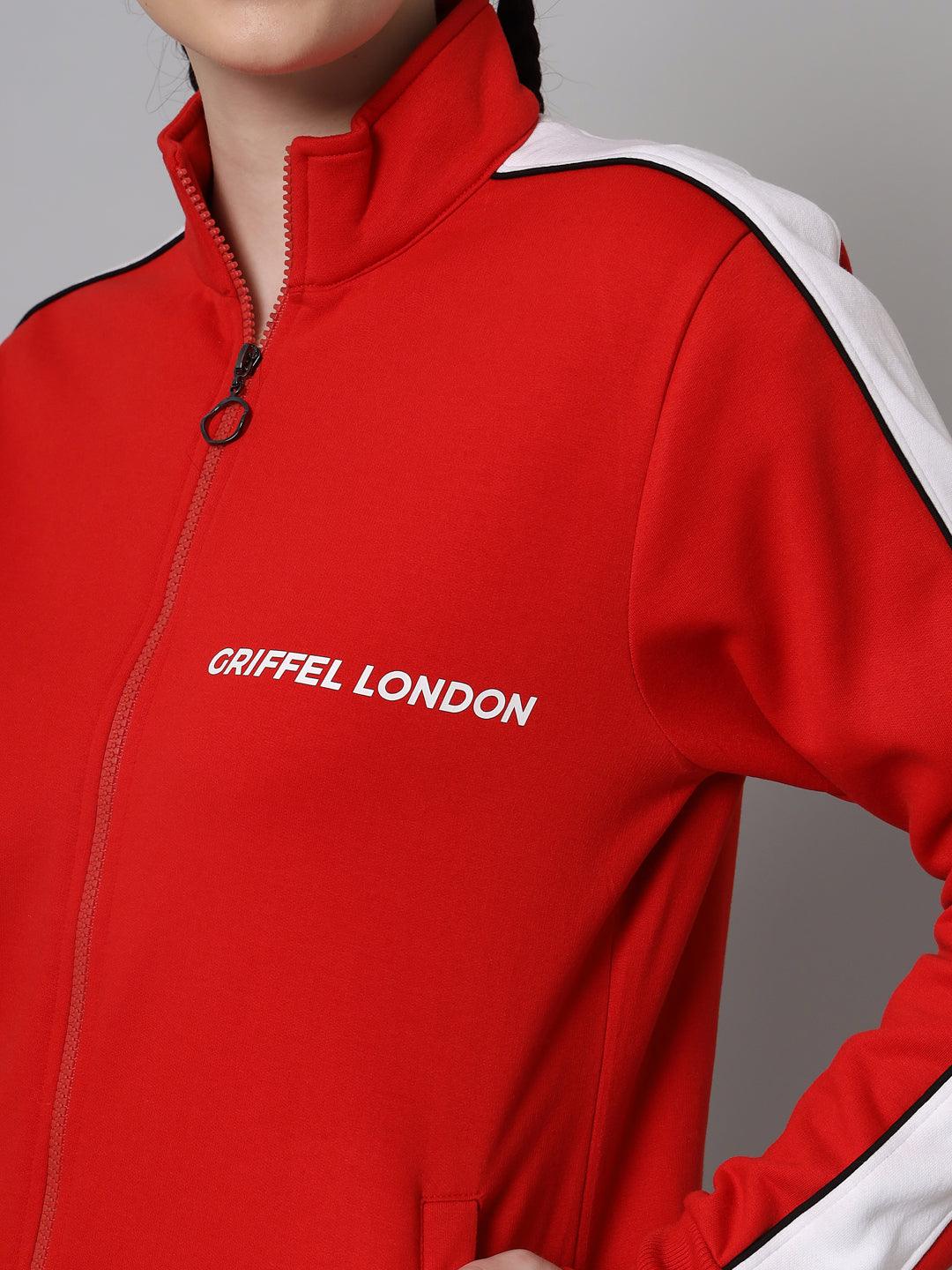 Griffel Women Color Blocked Fleece Zipper Neck Sweatshirt and Joggers Full set RedTracksuit - griffel