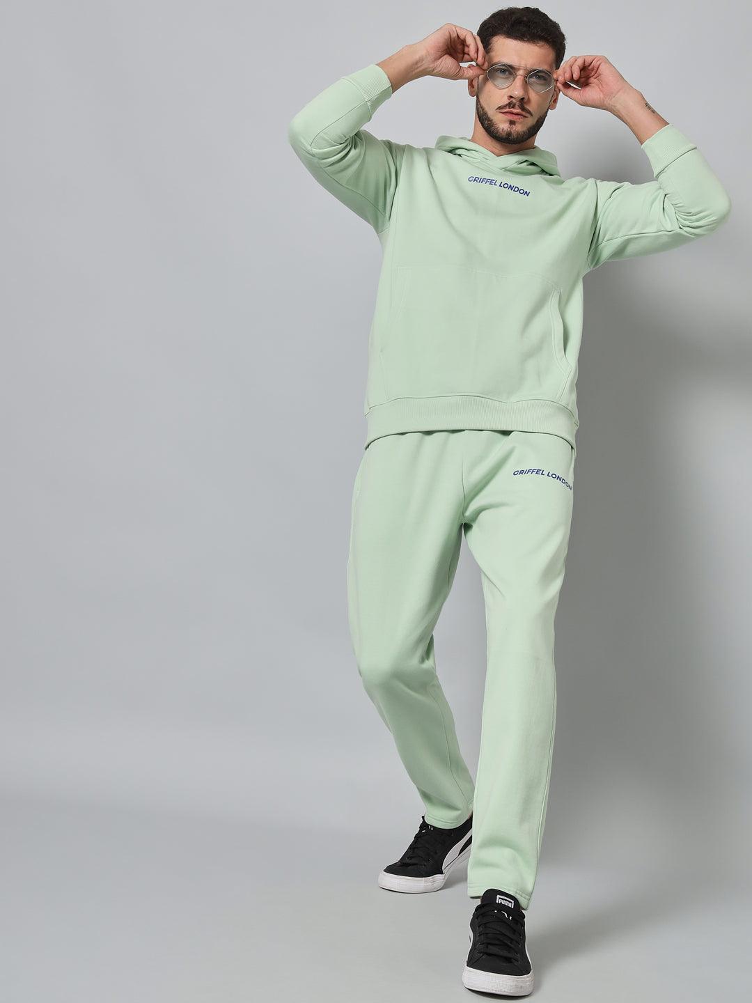 Griffel Men's Front Logo Solid Fleece Basic Hoodie and Joggers Full set Sea Green Tracksuit - griffel