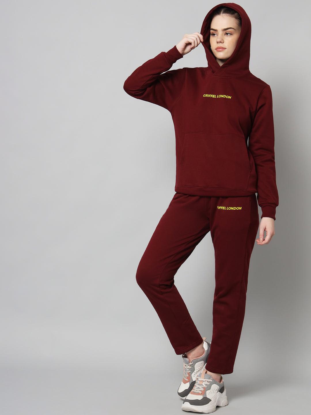 Griffel Women Solid Fleece Basic Hoodie and Joggers Full set Maroon Tracksuit - griffel