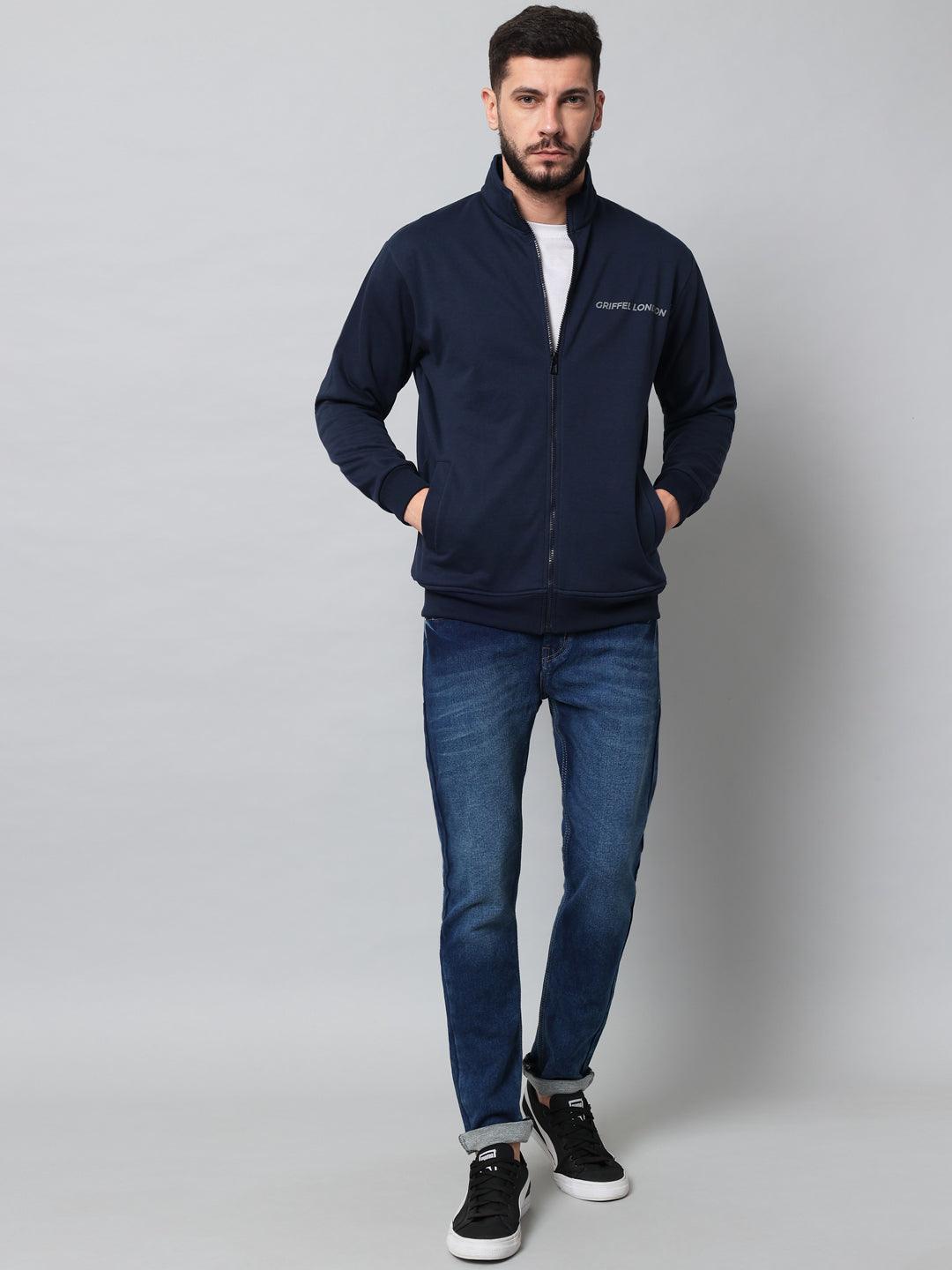 Griffel Men's Navy Cotton Fleece Zipper Sweatshirt with Long Sleeve and Front Logo Print - griffel