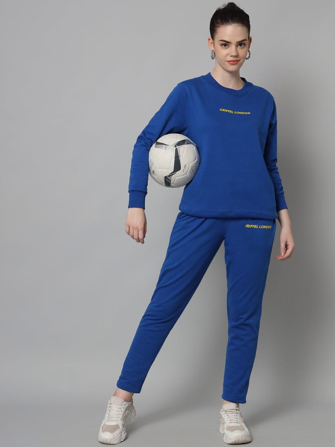 Griffel Women Solid Fleece Basic Round Neck Sweatshirt and Joggers Full set Royal Tracksuit - griffel