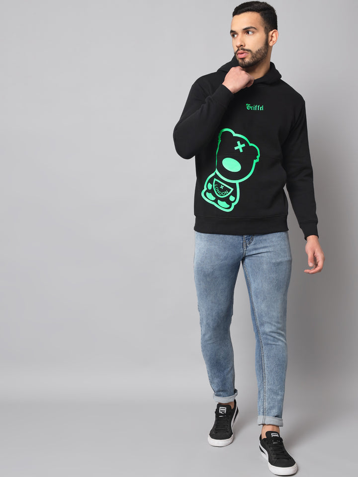 Griffel Men's Black Green Cotton Front Logo Fleece Hoody Sweatshirt with Full Sleeve - griffel