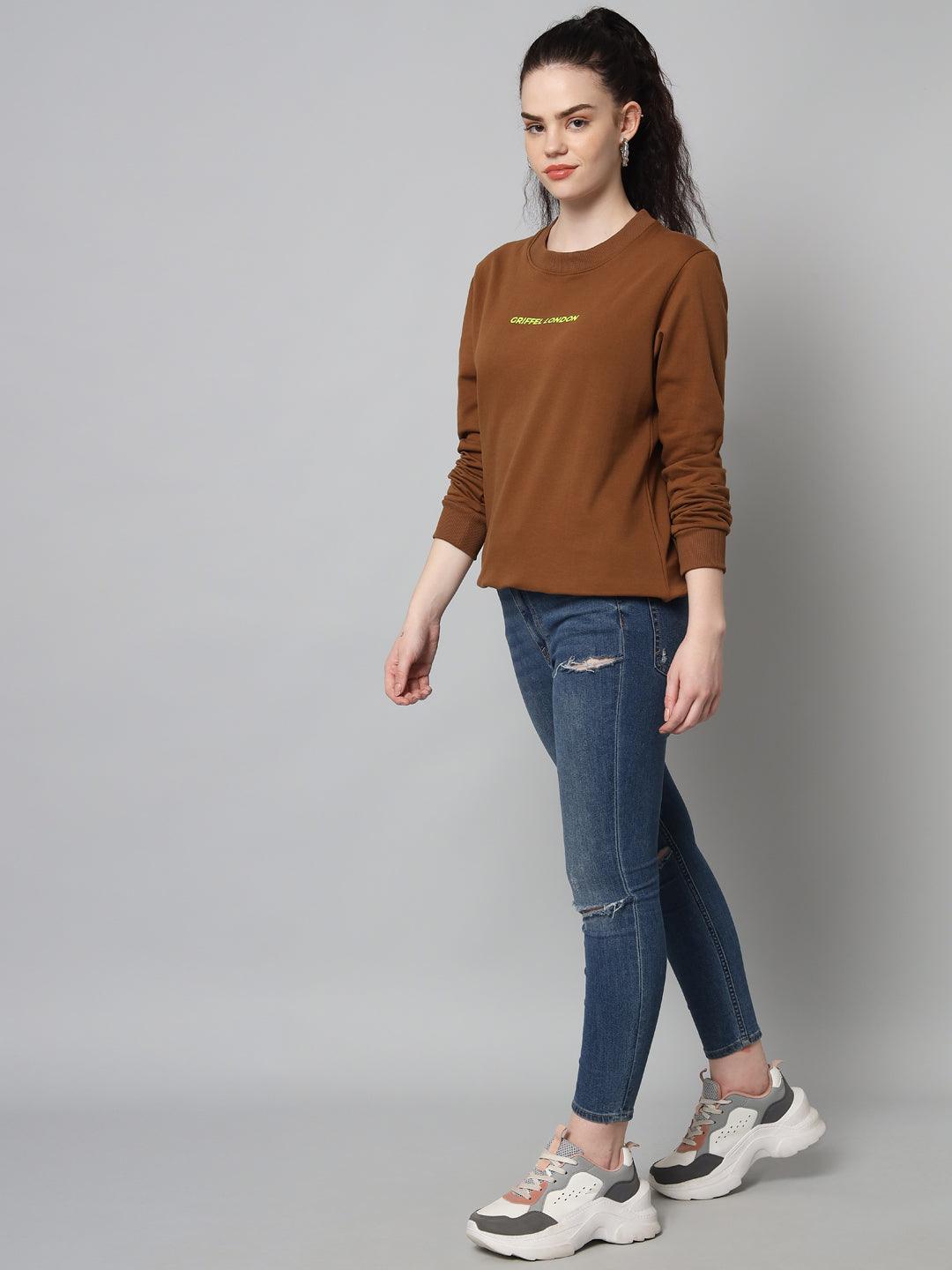Griffel Women’s Printed Round Neck Coffee Cotton Fleece Full Sleeve Sweatshirt - griffel