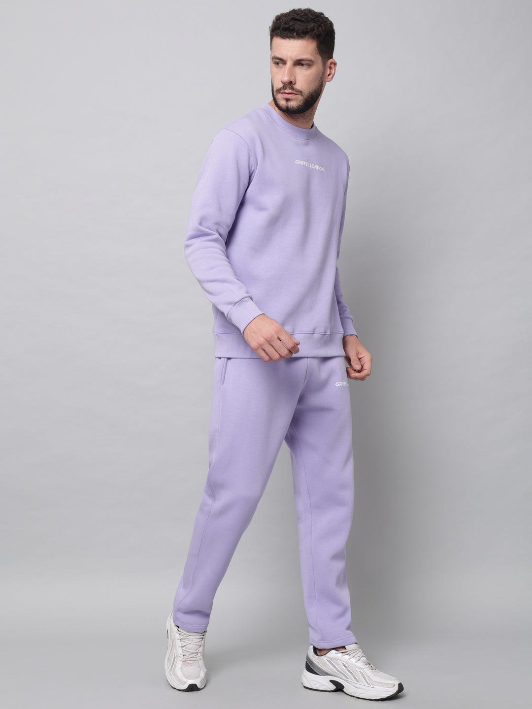 Griffel Men's Front Logo Solid Fleece Basic R-Neck Sweatshirt and Joggers Full set Light PurpleTracksuit - griffel