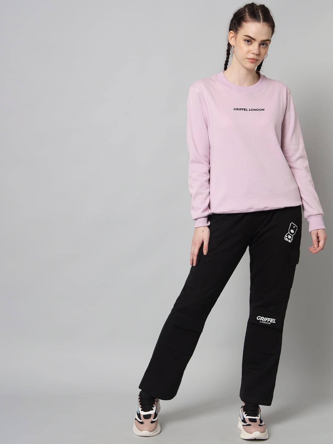 Griffel Women’s Printed Round Neck Light Purple Cotton Fleece Full Sleeve Sweatshirt - griffel