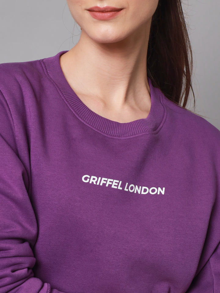 Griffel Women’s Printed Round Neck Dark Purple Cotton Fleece Full Sleeve Sweatshirt - griffel