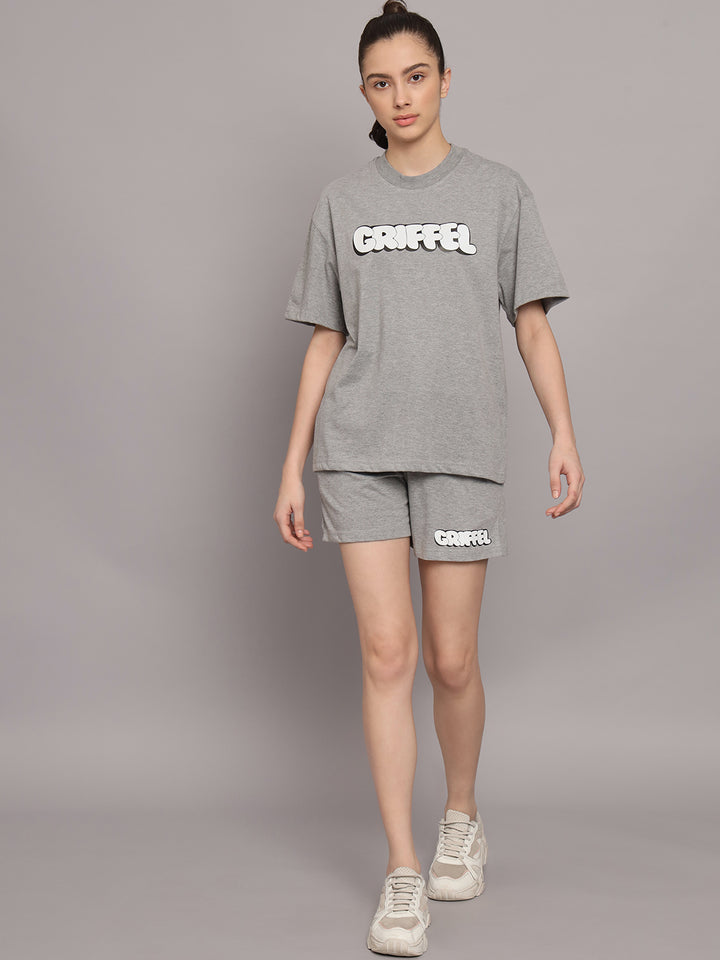 GRIFFEL Women Printed Oversized Loose fit Grey T-shirt and Short Set - griffel
