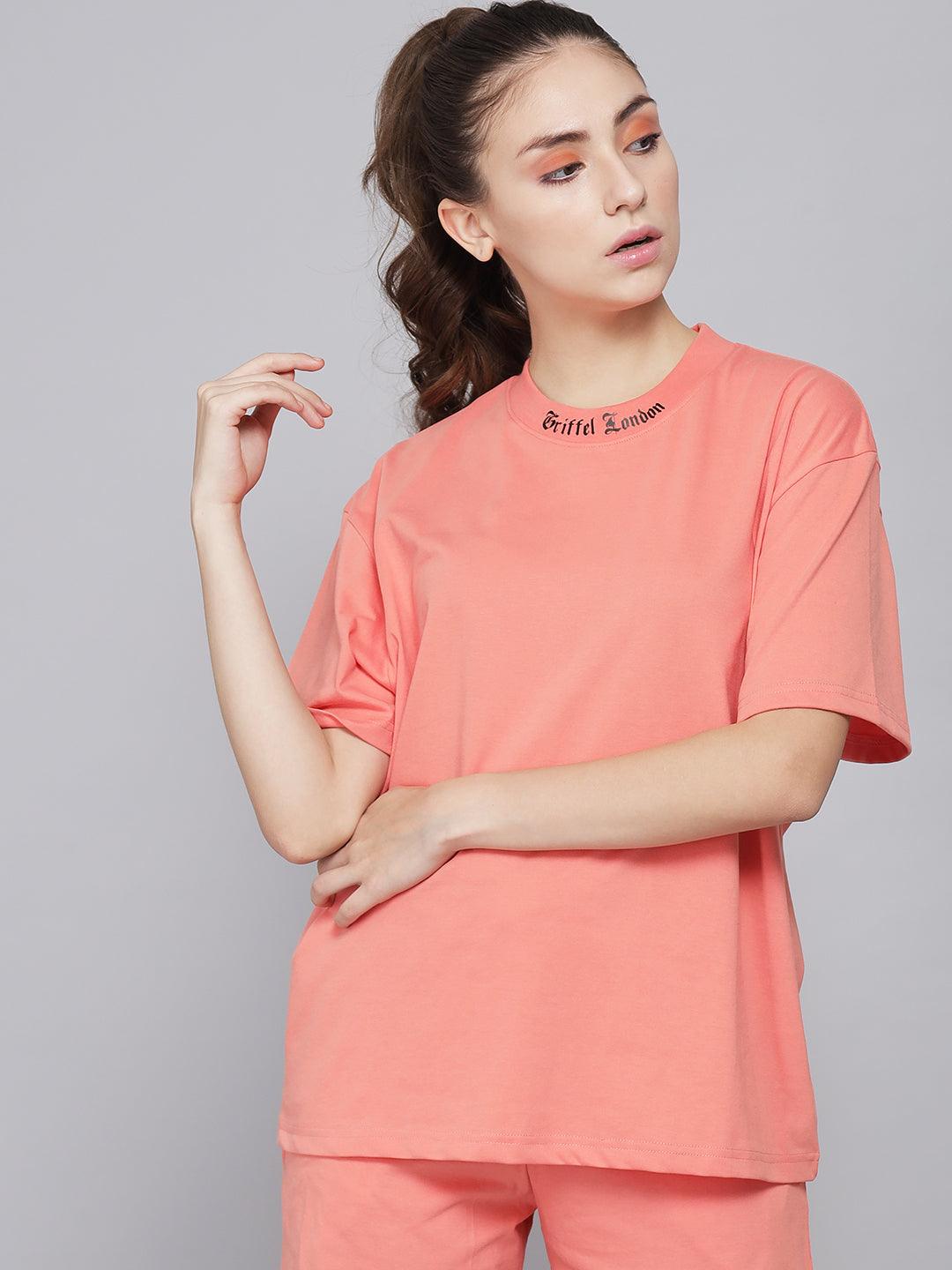 GRIFFEL Women Placement Print Regular fit Peach T-shirt - griffel